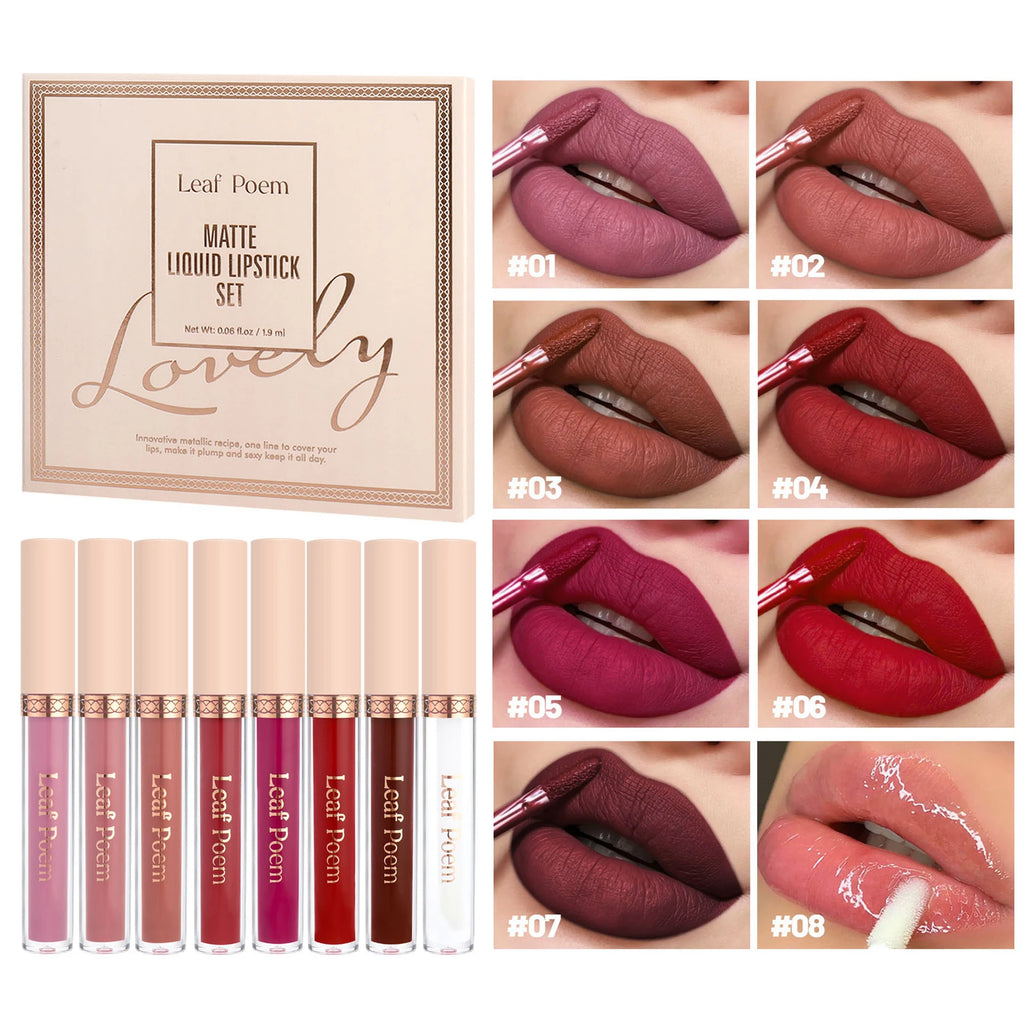 8-Piece Set of Matte Liquid Lipsticks and Lip Glazes - Waterproof, Non-Stick, Long-Lasting Lip Color in Brown, Pink, Purple, and Red Shades, Suitable for Daily Use and Parties