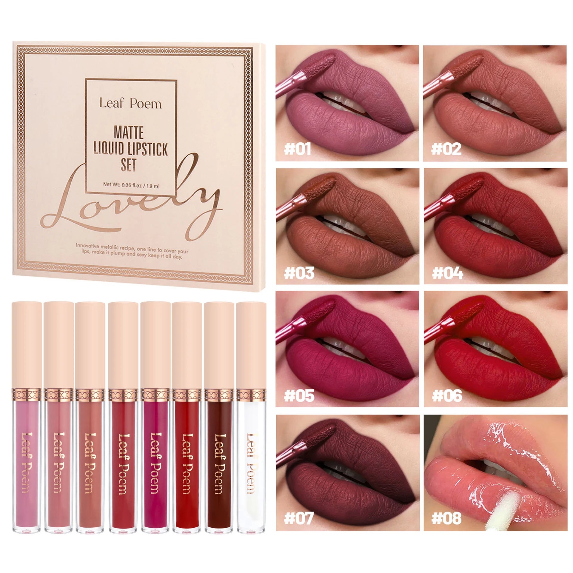 8-Piece Set of Matte Liquid Lipsticks and Lip Glazes - Waterproof, Non-Stick, Long-Lasting Lip Color in Brown, Pink, Purple, and Red Shades, Suitable for Daily Use and Parties
