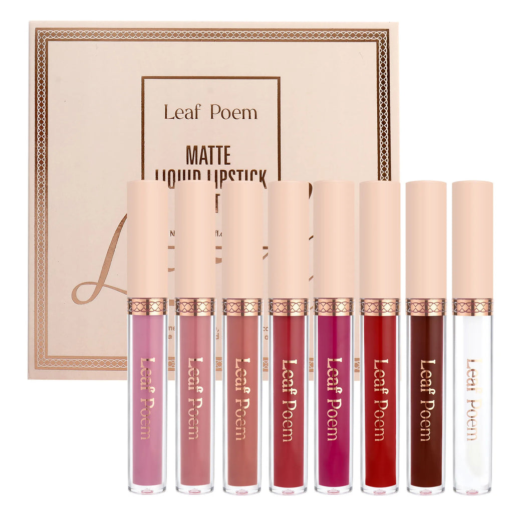 8-Piece Set of Matte Liquid Lipsticks and Lip Glazes - Waterproof, Non-Stick, Long-Lasting Lip Color in Brown, Pink, Purple, and Red Shades, Suitable for Daily Use and Parties