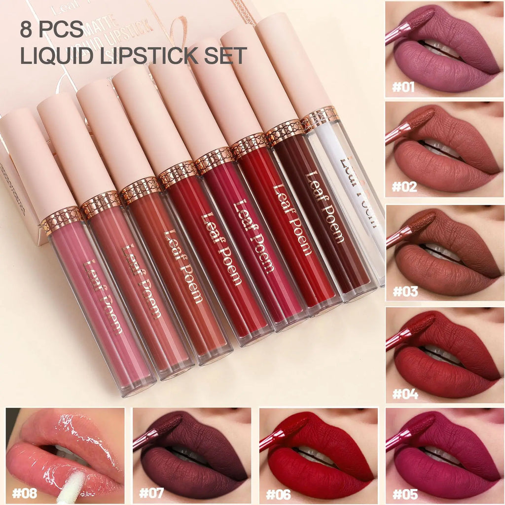 8-Piece Set of Matte Liquid Lipsticks and Lip Glazes - Waterproof, Non-Stick, Long-Lasting Lip Color in Brown, Pink, Purple, and Red Shades, Suitable for Daily Use and Parties
